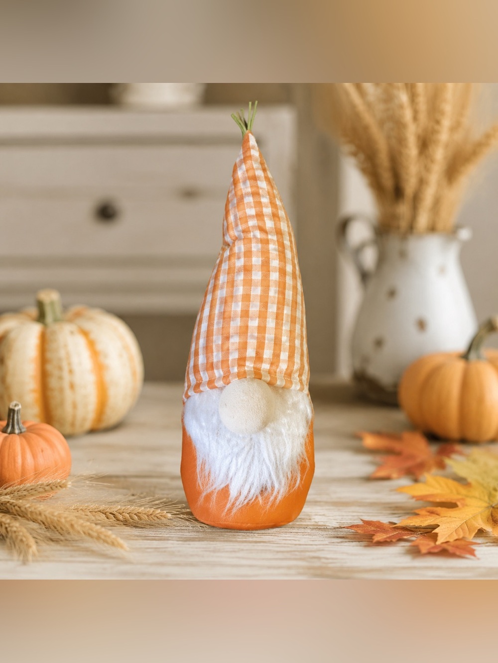 At Home Orange Gingham Carrot Gnome Fall Decor
